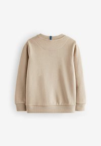 Sweatshirt beige con scollo rotondo, maniche lunghe e polsini a coste. Presenta un tessuto strutturato e un dettaglio a strisce in contrasto sul retro.