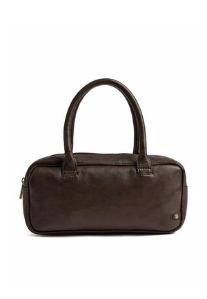 Dark brown leather handbag with two rounded handles and a small round gold button detail on the lower right corner.
