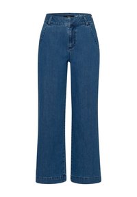 Pantalon en denim à jambes larges de couleur bleu foncé. Fabriqué à partir d'un tissu en mélange de coton. Comprend une fermeture éclair à l'avant, des passants pour ceinture et deux poches latérales.