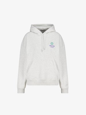 Light grey hoodie made of soft fabric, featuring a front pocket, drawstring hood, and printed "SILVER STATE" logo in purple and green.
