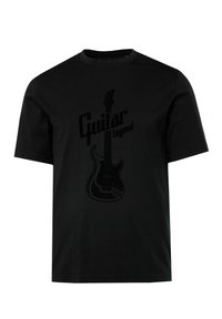 Sort bomulds T-shirt med en grafisk design af en elektrisk guitar og teksten "Guitar Legend" i fede bogstaver. Korte ærmer.