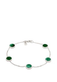 Silbernes Gliederarmband mit fünf runden grünen Malachitsteinen und einem Karabinerverschluss.