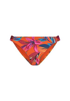Parte inferiore di bikini arancione con un vivace motivo floreale che presenta fiori rosa e blu. Caratterizzata da lati arricciati per una vestibilità aderente.