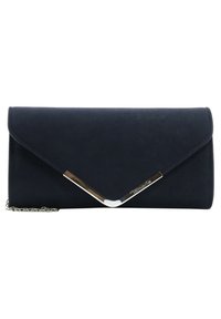 Pochette bleu marine en similicuir, dotée d'une fermeture à rabat et d'un accent en métal argenté en forme de V, avec une bandoulière chaîne détachable.