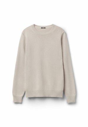Light beige long-sleeve knitted sweater with ribbed cuffs and hem, round neckline, laid flat on a white background.