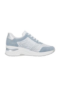 Light blue suede and mesh sneaker with white wave pattern, lace-up design, and a cushioned white sole with silver accents.