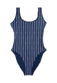 Marinenett en-delt badedrakt med et kjedemønster i hvitt. Den har en klassisk rund halsutskjæring og tykke stropper, laget av elastisk stoff.