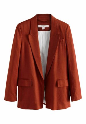 Blazer v rezavé barvě se strukturovaným designem, s klopou typu notch, dvěma předními kapsami a kontrastní bílou podšívkou.
