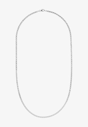 Silberne Metallkette mit einem gedrehten Glieddesign, das eine glatte Oberfläche und einen sicheren Verschluss zum Schließen aufweist.