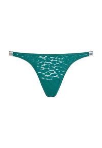 Teal kanten string met een doorschijnend ontwerp, voorzien van een gladde tailleband en minimale bedekking. Inclusief een klein merklabel aan de zijkant.