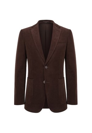 Brązowa zamszowa marynarka z dwoma guzikami, klapami o klasycznym kroju i dwiema przednimi kieszeniami. Charakteryzuje się gładką fakturą i dopasowanym krojem.