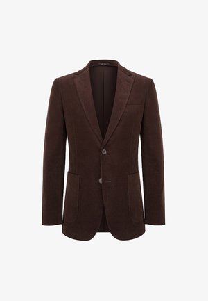 Brązowa zamszowa marynarka z dwoma guzikami, klapami o klasycznym kroju i dwiema przednimi kieszeniami. Charakteryzuje się gładką fakturą i dopasowanym krojem.