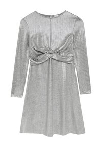 Silbernes Langarmkleid aus strukturiertem, metallischem Stoff mit einem geknoteten Vorderteil und rundem Ausschnitt, abgeschlossen mit einem geknöpften Rücken.