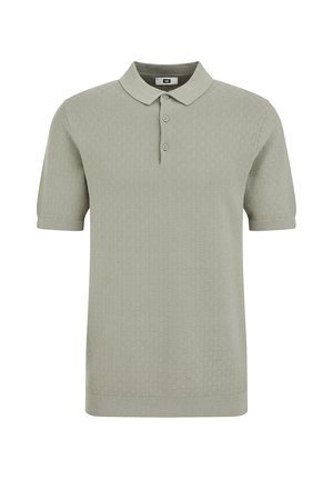Jasnozielona koszulka polo z krótkim rękawem, z teksturowanym wzorem i trzema guzikami na przedniej plisie.