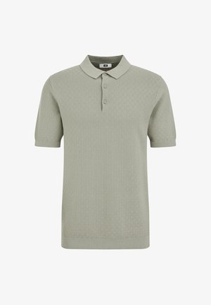 Világoszöld rövid ujjú galléros póló texturált mintával és három gombbal az elején.