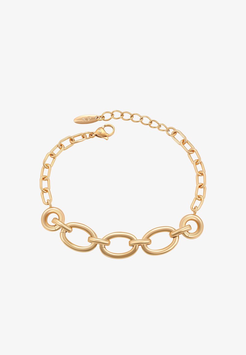 Kultaketjuinen rannekoru, joka koostuu toisiinsa kytkeytyvistäsoikeista lenkeistä, jossa on hummerilukko ja pieni kaiverrettu tägi. Sileä metallipinta.