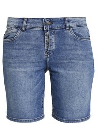 Džínové kraťasy ve střední modré barvě. Vlastnosti zahrnují vysoký pas, zapínání na pět knoflíků a tradiční kapsy. Ošoupané detaily a zakončení lemu.