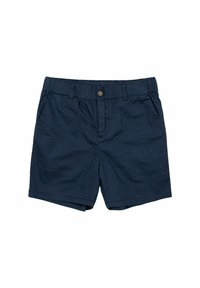 Marina blå shorts gjorda av lättviktsmaterial, med resårmidja, en knappstängning framtill och sidofickor.