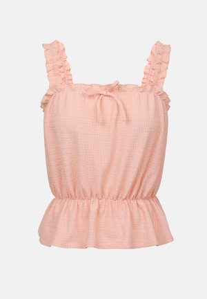 Haut texturé de couleur pêche avec des bretelles volantes, un détail à nouer au niveau du col, et une taille cintrée qui s'évase en un ourlet peplum.