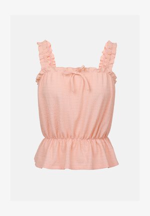 Persika värvi tekstureeritud top, millel on volangiga õlapaelad, sidumisdetail kaeluses ja istuv talje, mis laieneb peplumi lõppeni.