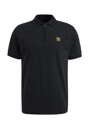 Crna polo majica s ovratnikom na zip, kratkim rukavima i džepom na prsima s oznakom u zlatnoj boji. Mekani pamučni materijal s glatkom teksturom.