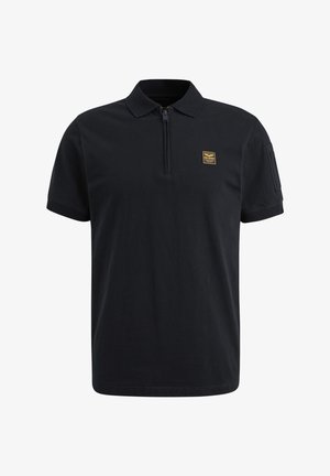 Čierne polo tričko so zipsovým golierom, krátkymi rukávmi a vreckom na hrudi so zlatou logometiketou. Mäk ková bavlna s hladkou textúrou.