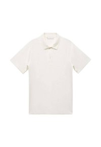Hvid polo t-shirt med korte ærmer og klassisk krave, der har en tre-knaps placket og et struktureret stofdesign.