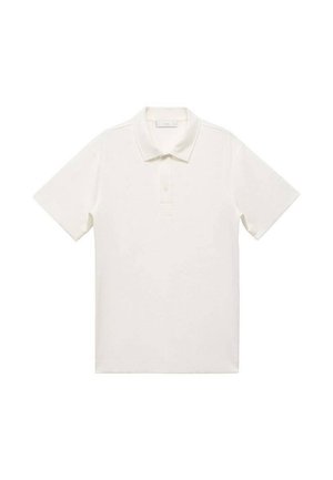White short-sleeve polo shirt with a classic collar, featuring a three-button placket and a textured fabric design.
