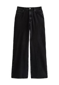 Black wide-leg denim pants with a high waist, featuring a classic five-pocket design and a button closure, made from sturdy cotton fabric.