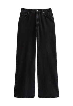 Schwarze, weit geschnittene Jeans mit hoher Taille, im klassischen Fünf-Taschen-Design und mit Knopfverschluss, aus strapazierfähigem Baumwollstoff gefertigt.