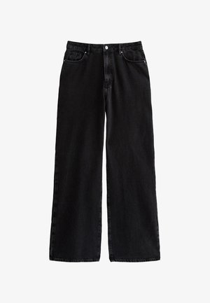 Black wide-leg denim pants with a high waist, featuring a classic five-pocket design and a button closure, made from sturdy cotton fabric.