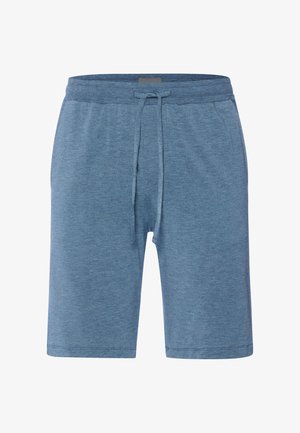 Blaue legere Herren-Shorts mit Kordelzugbund und Taschen, kniehoch, aus weichem Stoff.