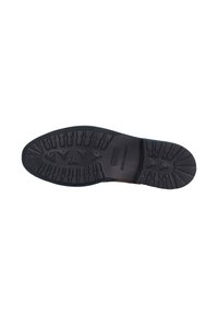 Suela de un zapato negro con dibujos en la superficie y el nombre de la marca "Melzer & Hamilton" estampado en el centro.