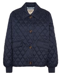 Navy quilted jacket made from synthetic material. Features a large collar, three buttons, two front pockets, and ribbed cuffs.
