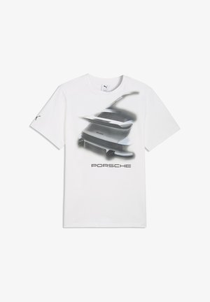 White cotton t-shirt featuring a gray graphic of a Porsche car with the word "PORSCHE" in black below, short sleeves, crew neck design.
