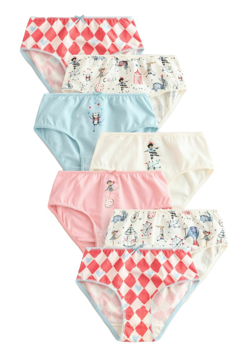 Sechserpack Baumwollslips in verschiedenen Farben: Pink, Blau, Creme und einem gemusterten Design mit Zirkusthemen und Herzen. Mit Spitzenrand.