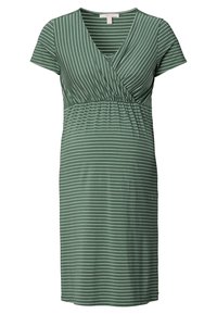 Zelené těhotenské šaty s krátkým rukávem, bílými pruhy, véčkovým výstřihem a nařaseným pasem. Vyrobené z měkké, elastické tkaniny pro pohodlí.