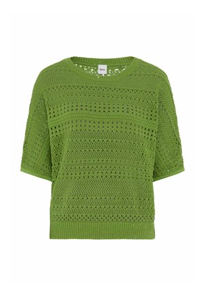 Groen gebreid topje met korte mouwen, een ronde halslijn en een patroon van opengewerkt design over de stof.