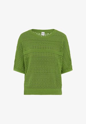 Green short-sleeve knitted top with a round neckline and a patterned openwork design across the fabric.