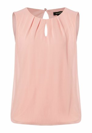 Różowa bluzka bez rękawów z okrągłym dekoltem, ozdobiona przednim wycięciem i delikatnymi plisami. Miękki, lekki materiał o gładkiej fakturze.