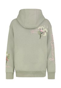 Hellgrüner Hoodie mit Blumenstickerei auf dem Rücken und den Ärmeln, mit dem Text "smile today" in Pink und "coming care" auf dem Ärmel.