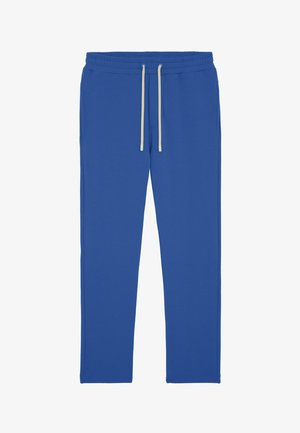 Pantalon de survêtement bleu avec taille élastique et cordon blanc, doté de poches latérales et d'une coupe droite.