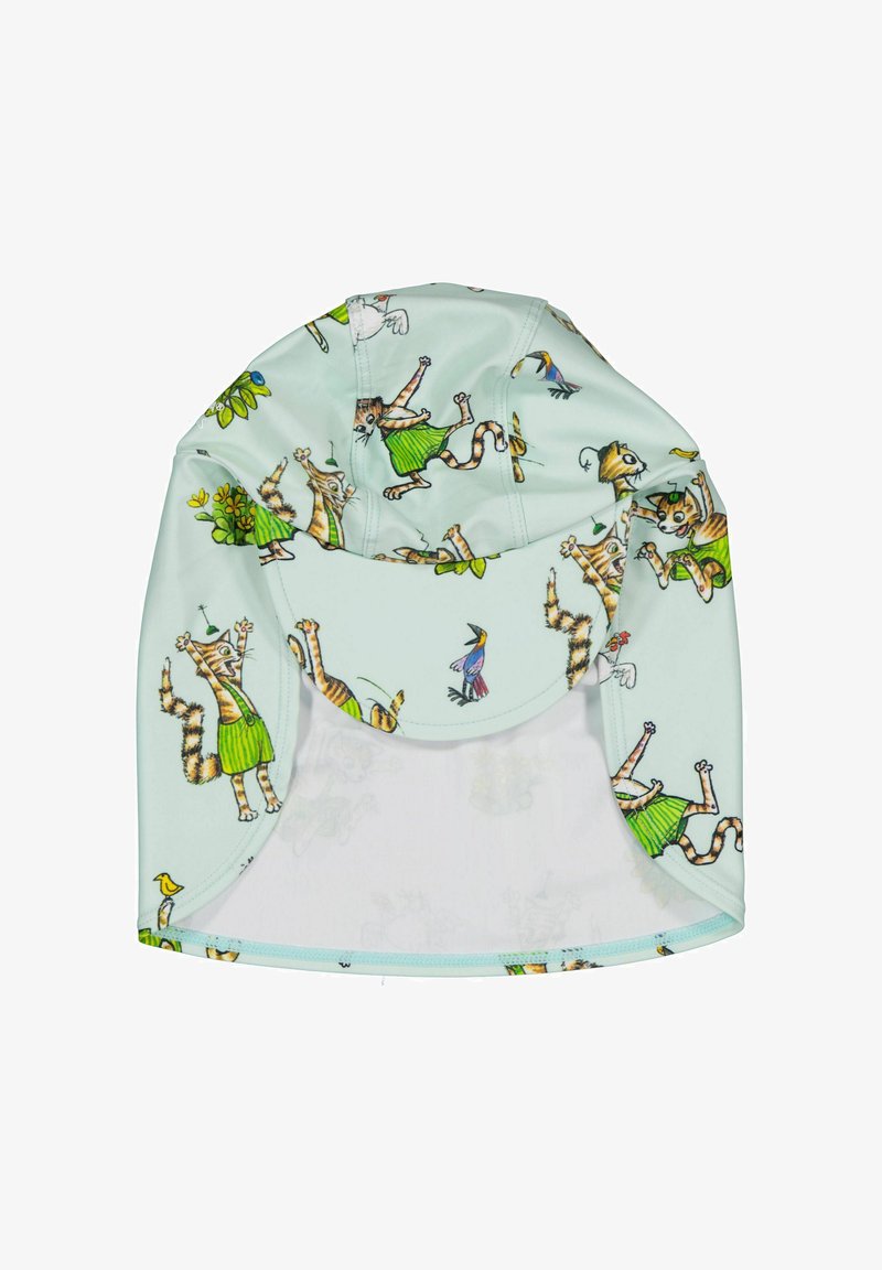 Chapeau de soleil bleu clair pour enfants avec bavette de cou, décoré d'illustrations de chats en salopette verte et d'oiseaux colorés.