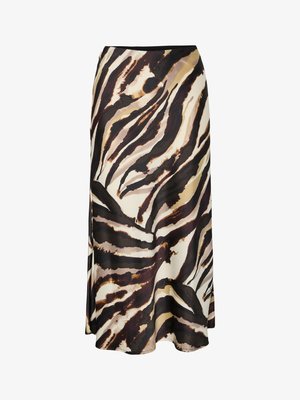 Gonna lunga in tessuto leggero con un audace design astratto a stampa animale nei toni marrone, nero e crema, dal tatto morbido e lunghezza alla caviglia.