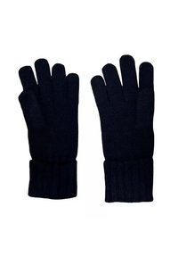 Gants en tricot noir à cinq doigts, avec des poignets côtelés, fabriqués dans une matière douce au toucher lisse.