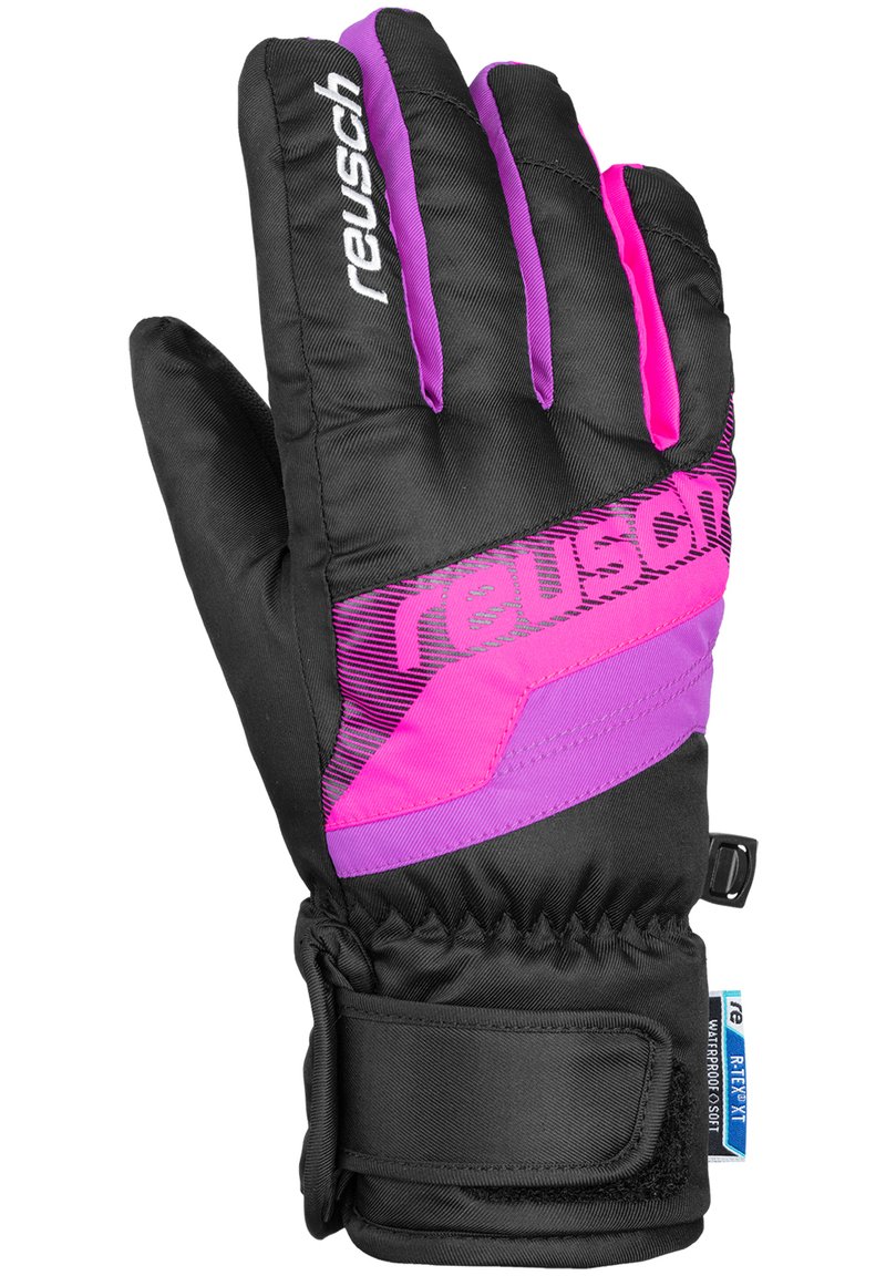 Guanti invernali neri e rosa realizzati in materiale impermeabile e traspirante. Presentano una superficie grip texturizzata, un design curvo e una fascia al polso regolabile.