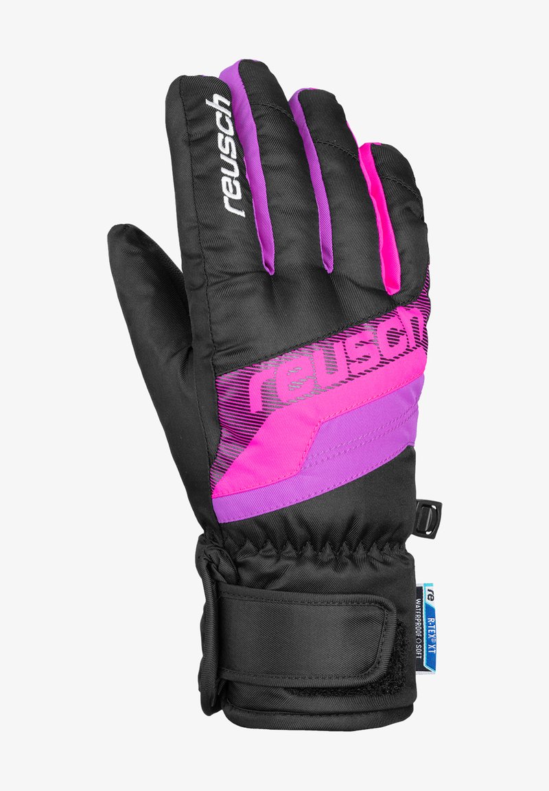 Guanti invernali neri e rosa realizzati in materiale impermeabile e traspirante. Presentano una superficie grip texturizzata, un design curvo e una fascia al polso regolabile.