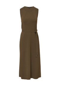 Ärmelloses, geripptes Kleid in Olivgrün mit einem taillierten Oberteil und einem Stoffgürtel in der Taille, der in einen Midi-Längenrock übergeht.