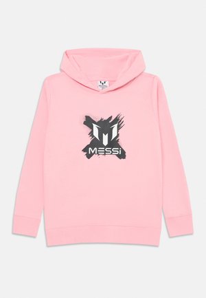 Rožnata dolga majica s kapuco z dolgimi rokavi, z črnim abstraktnim čopičastim logotipom in napisom "MESSI" na sredini sprednjega dela.