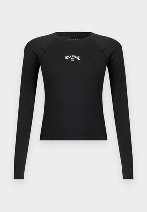 Maglia aderente nera a manica lunga con collo a giro e logo bianco "Billabong" al centro del petto.